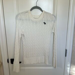 Abercrombie and Fitch white cable knit sweater with navy moose